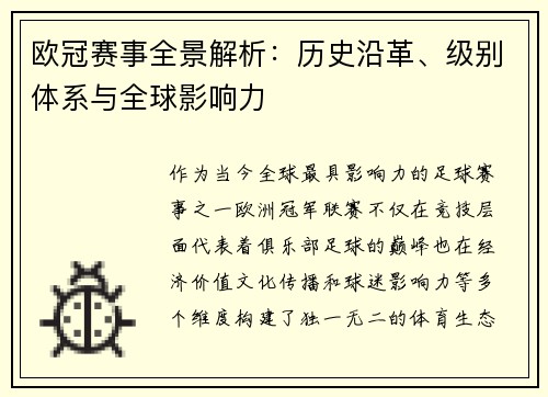 欧冠赛事全景解析：历史沿革、级别体系与全球影响力